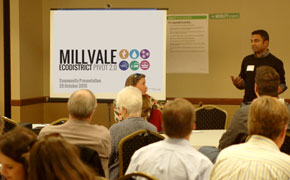 Zaheen welcomes the community at Millvale's Pivot 2.0 ecodistrict planning session