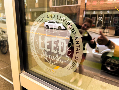 LEED Platinum decal on evolve's office entrance