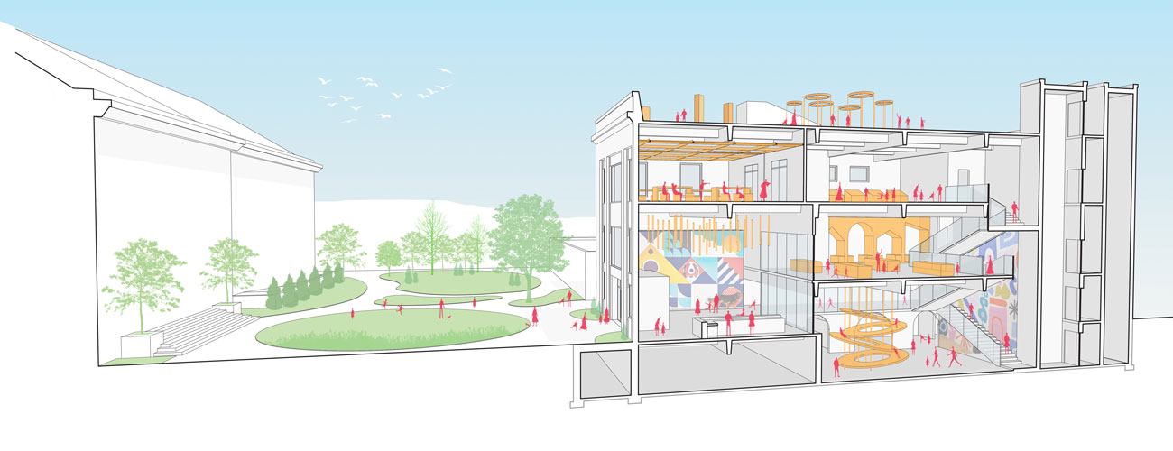 perspective rendering of repurposed tribune building by by evolveEA